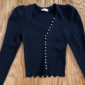 Black Ribbed Cardigan with Pearl Buttons and puff sleeves